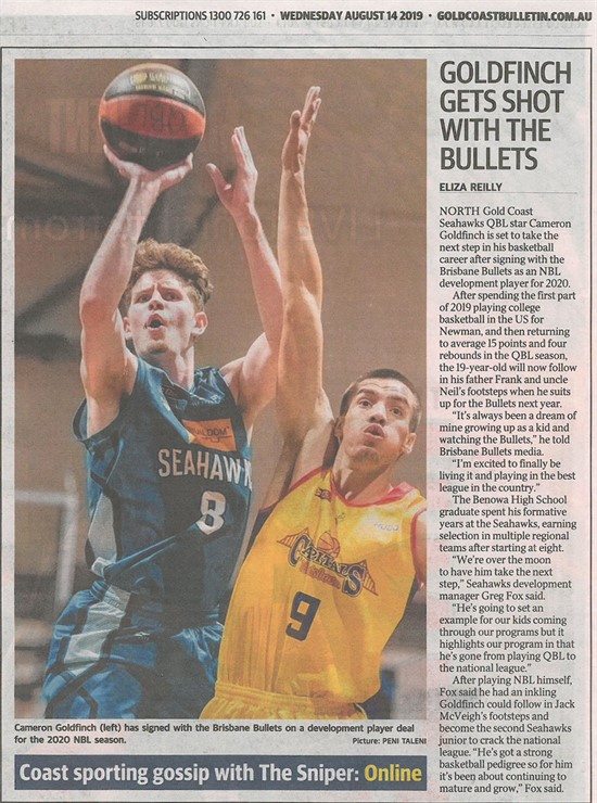 Article: (Reilly, E. (2019, August 14). GOLDFINCH GETS SHOT WITH THE BULLETS. Gold Coast Bulletin, Sport: p34.)